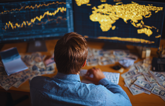 An international trader checking his cross-border assets at the computer